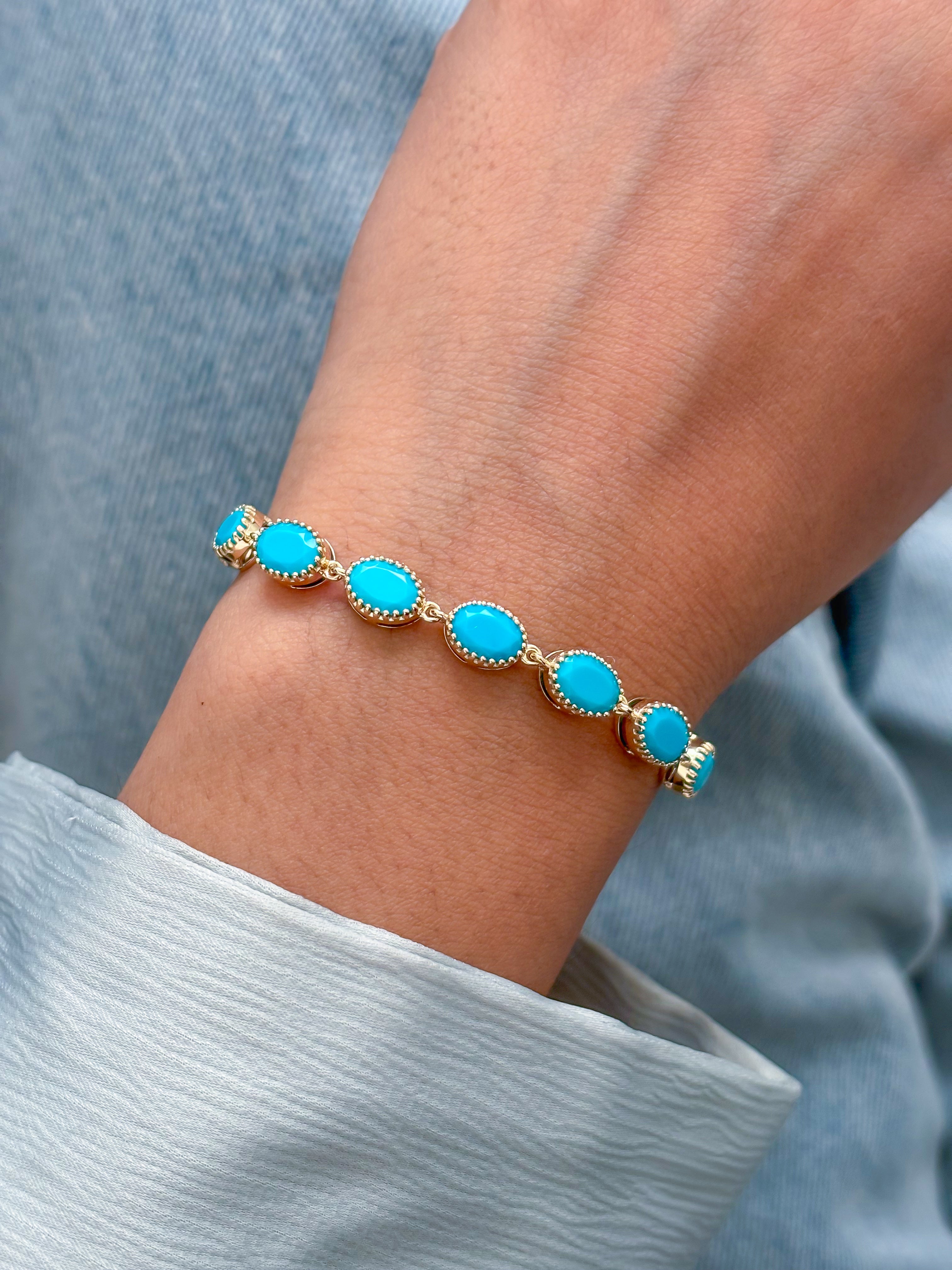 JPBRC-1066/8378 Turquoise Oval 7X5 Link Link Bracelet | 14K