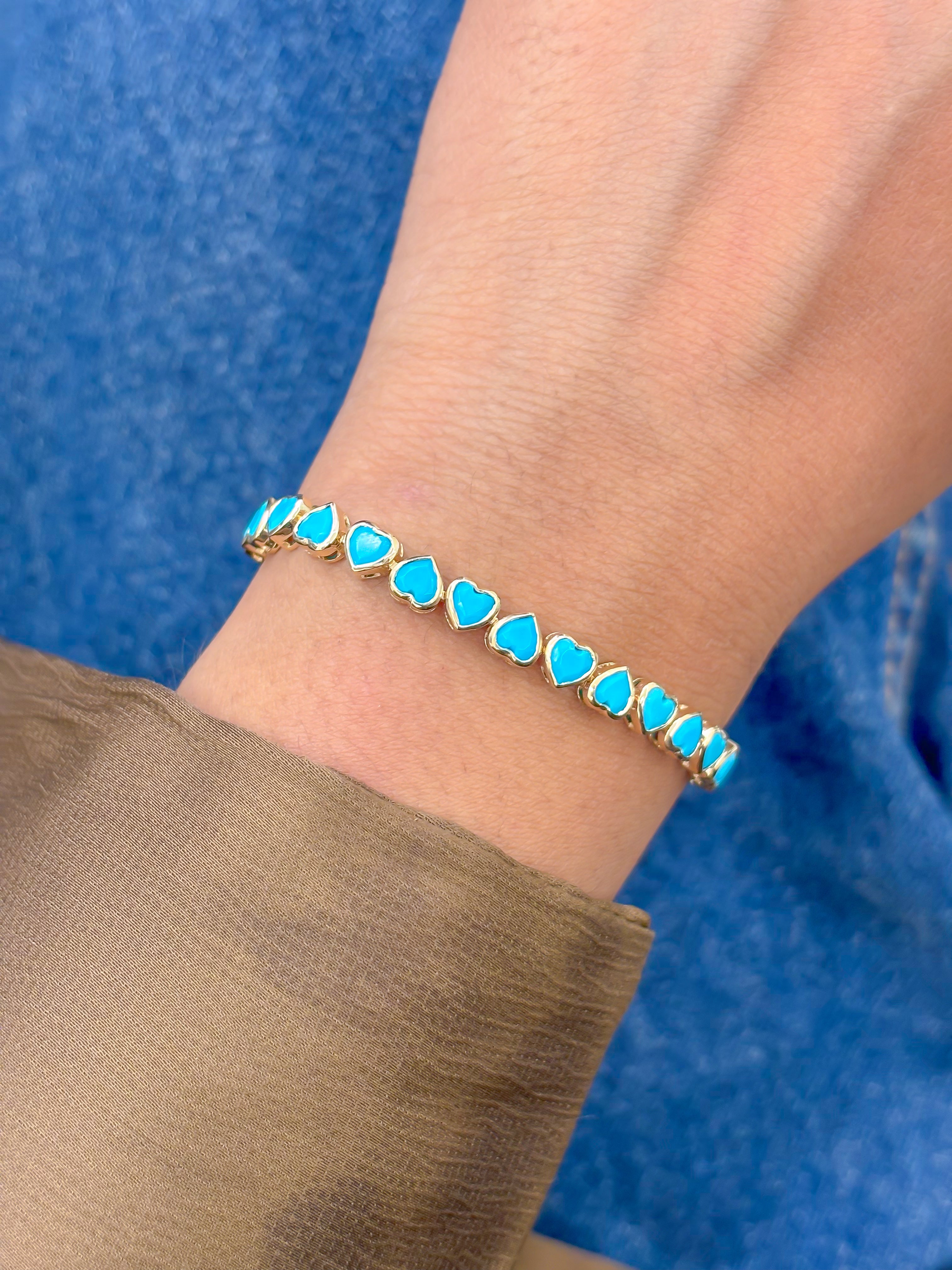 JPBRC-1102/8653 Turquoise Heart Up Down Bezel Set Bracelet | 14K