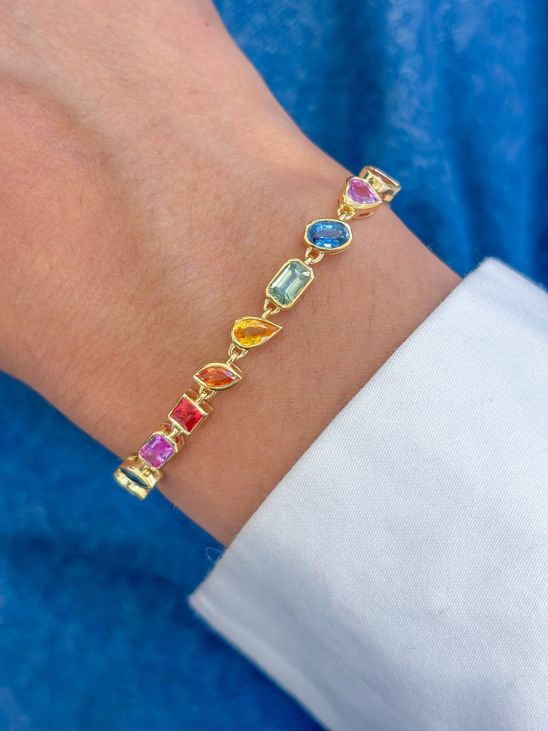 JPBRC-1130/8717 Rainbow Sapphire Mix Shape Bezel Set Bracelet | 18K