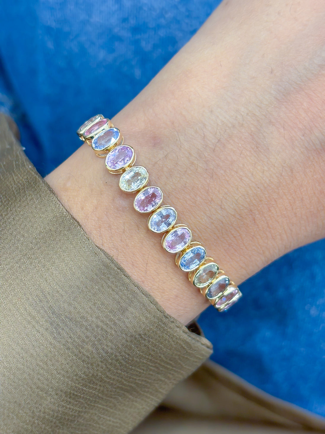 JPBRC-618/4363 Rainbow Sapphire Oval 6X4 Pastel Bracelet | 14K