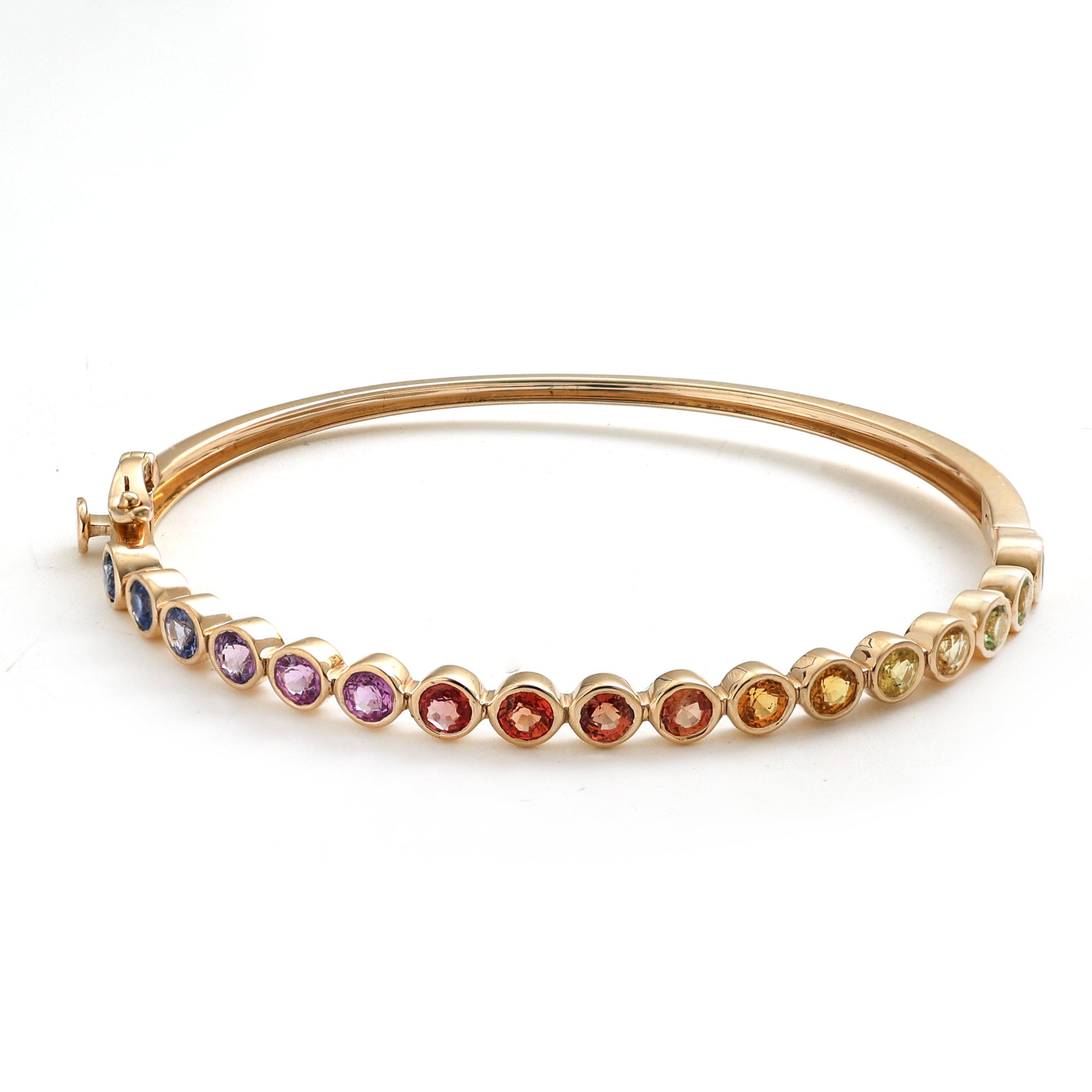 JPBRC-719/5151 Rainbow Sapphire Round 4Mm Bezal Half Bangle | 14K