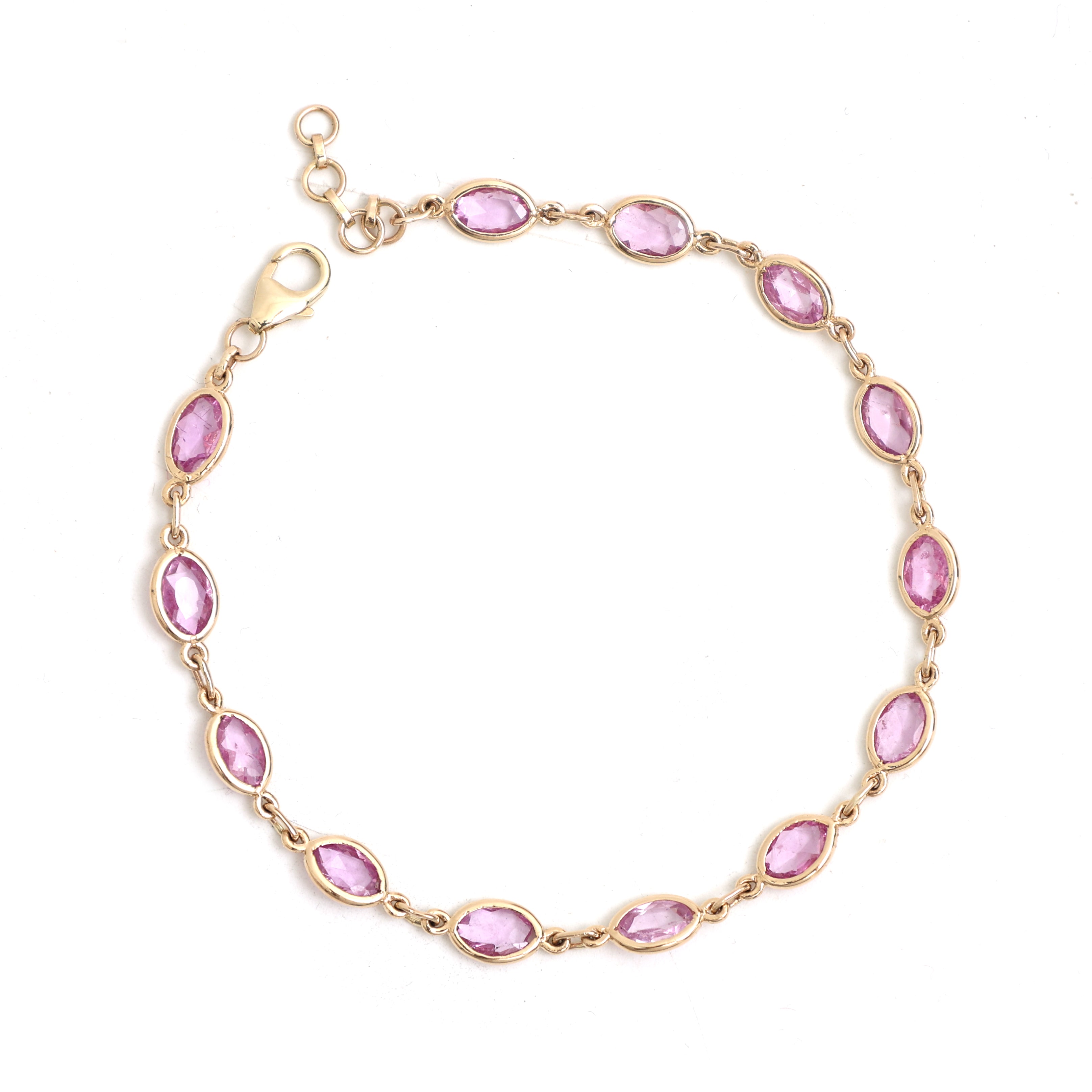 JPBRC-769/5393 Pink Sapphire Oval Rose Cut Bezal Link Link Bracelet | 14K