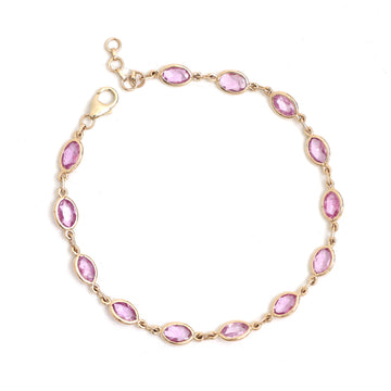 JPBRC-769/5393 Pink Sapphire Oval Rose Cut Bezal Link Link Bracelet | 14K
