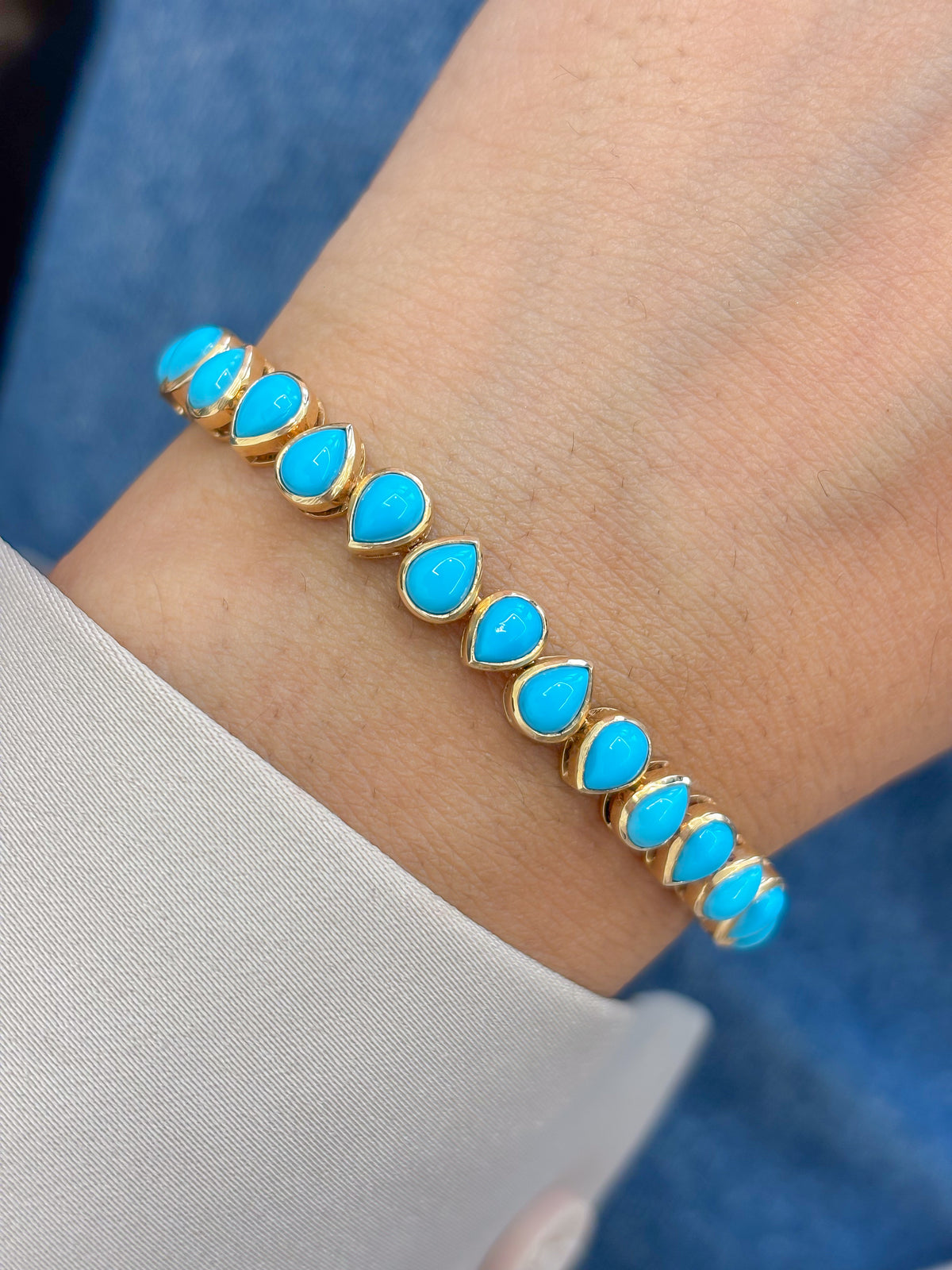 JPBRC-800/5829 Turquoise Pear 5X4 Bezel  Bracelet | 14K