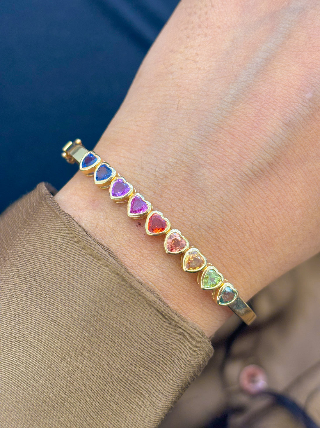 JPBRC-814/6004 Rainbow Sapphire Heart Bezel Bangle Bracelet | 14K