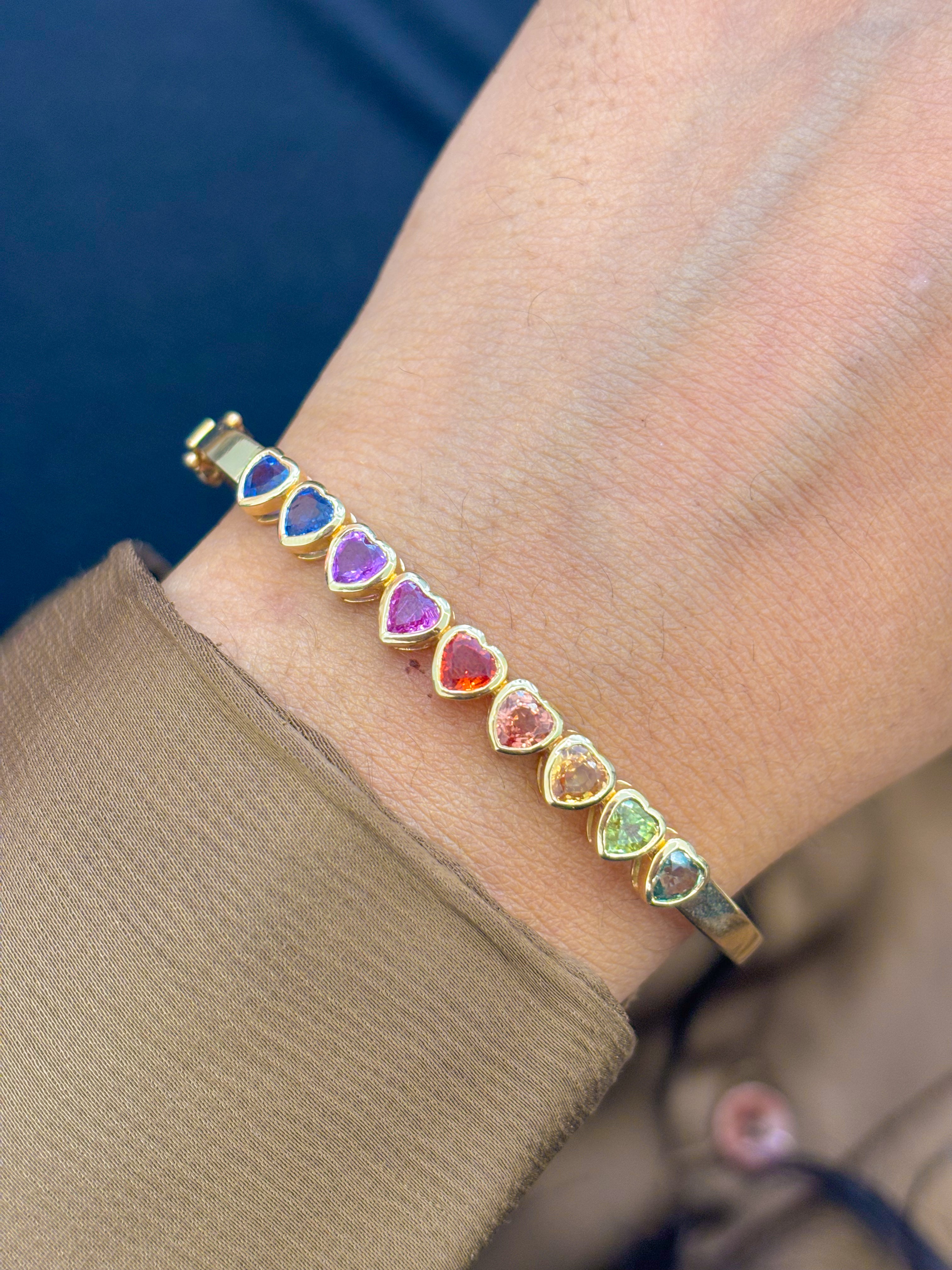 JPBRC-814/6004 Rainbow Sapphire Heart Bezel Bangle Bracelet | 14K
