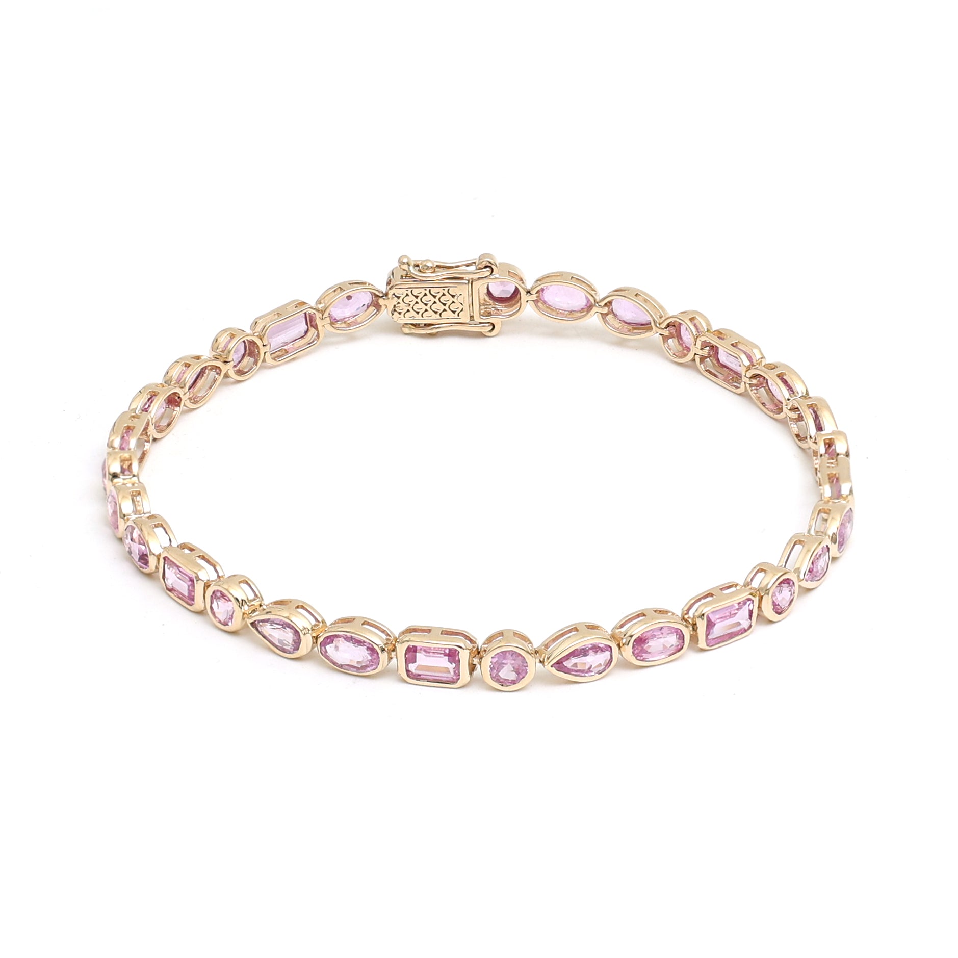 JPBRC-914/6402 Pink Sapphire Mix Shape Bezel Set Bracelet | 14K