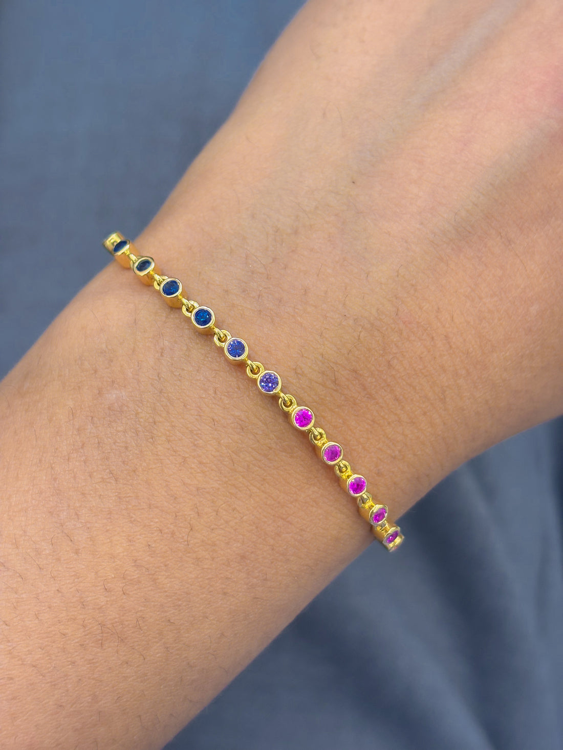 JPBRC-919/6423 Rainbow Sapphire Diamond Round Both Side Bezel Set Bracelet | 14K