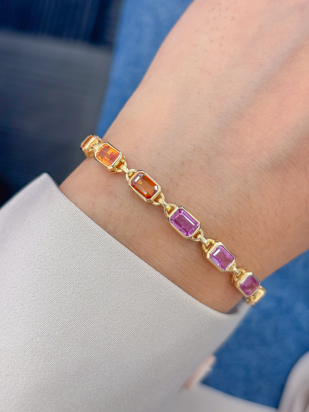 JPBRC-920/6432 Rainbow Sapphire Octagon 6X4 Bezel Set Kadi Link Bracelet | 14K