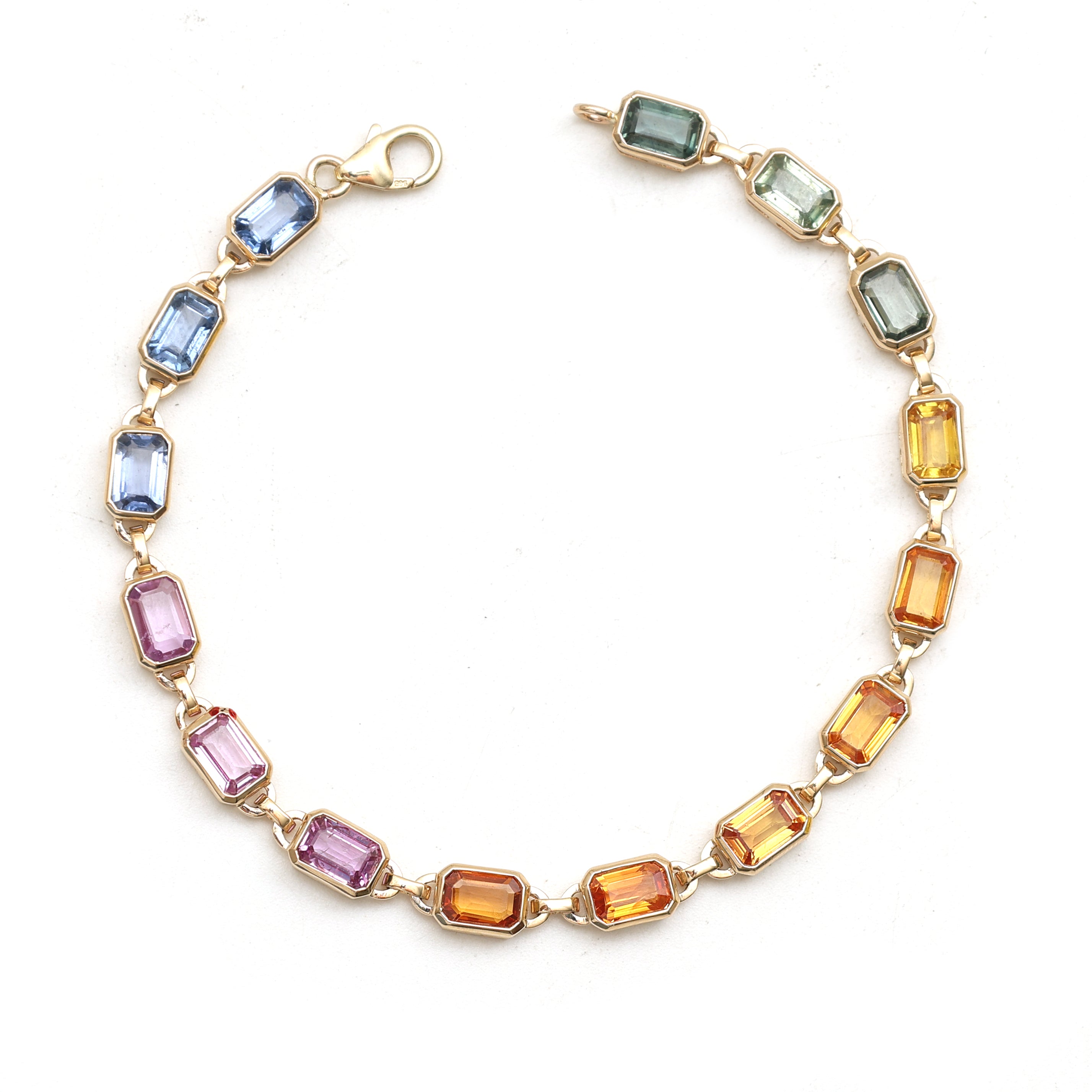 JPBRC-920/6432 Rainbow Sapphire Octagon 6X4 Bezel Set Kadi Link Bracelet | 14K