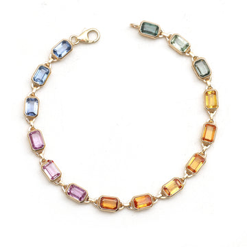 JPBRC-920/6432 Rainbow Sapphire Octagon 6X4 Bezel Set Kadi Link Bracelet | 14K
