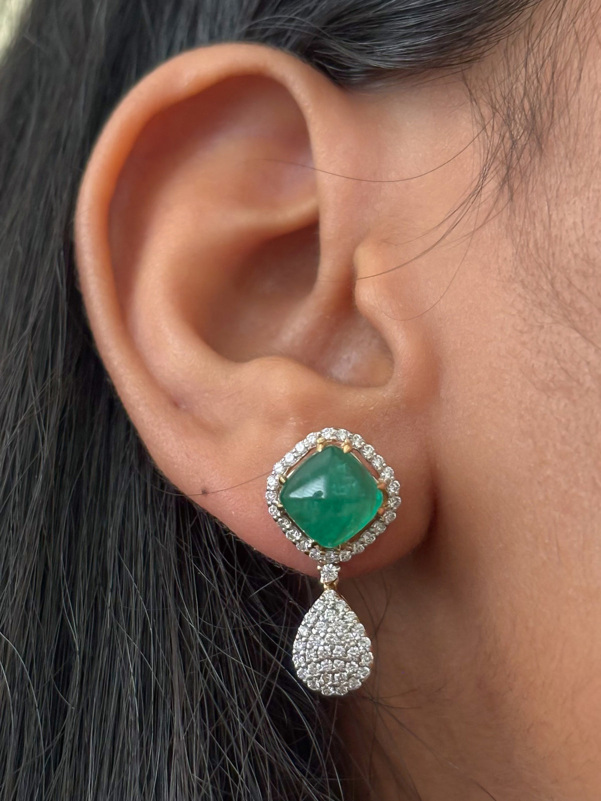JPERG-02/1237 Emerald Cushion With Diamond  Earring | 18K