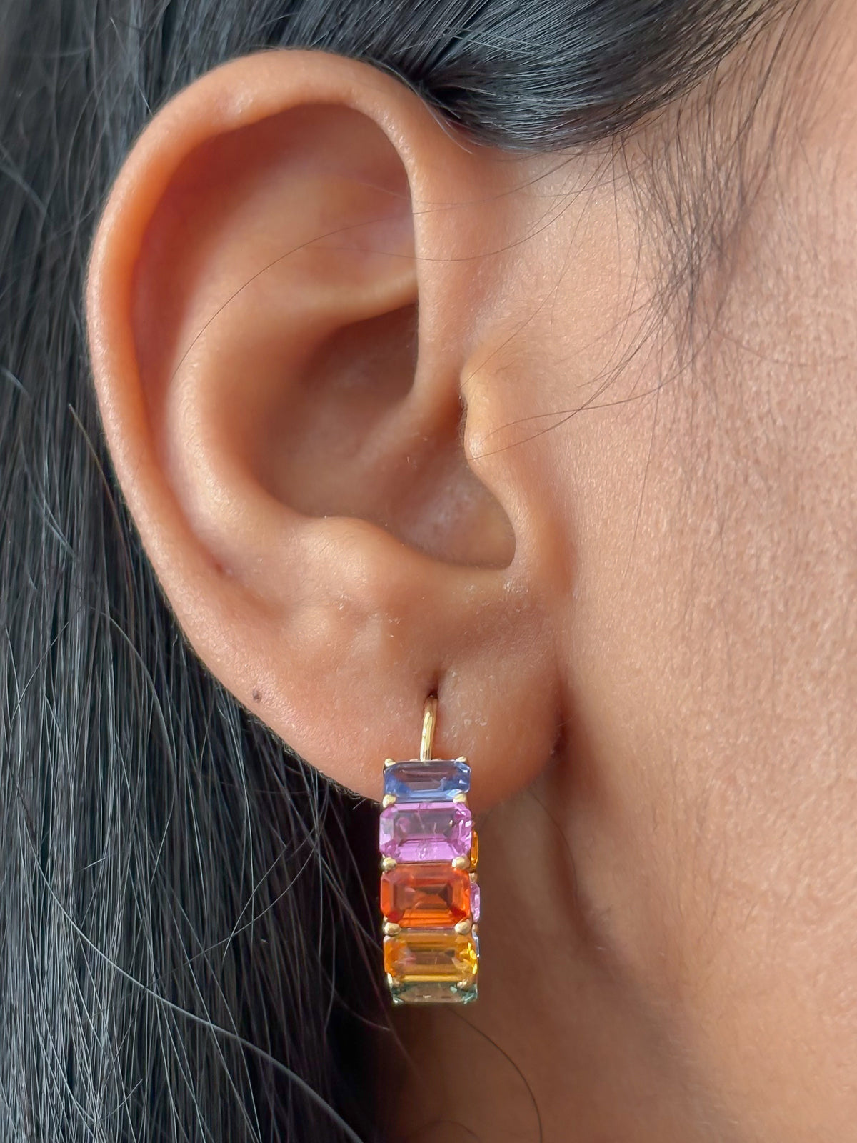 JPERG-1131/5243 Rainbow Sapphire Octagon 6X4 Hoops Earring | 14K