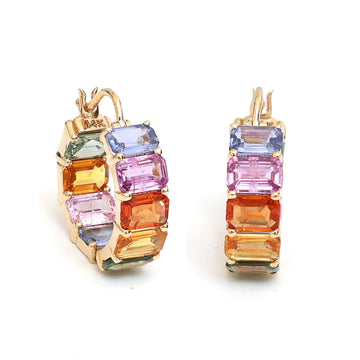 JPERG-1131/5243 Rainbow Sapphire Octagon 6X4 Hoops Earring | 14K