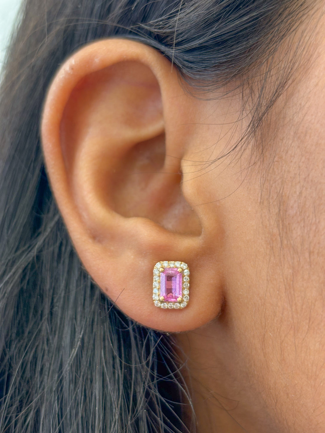 JPERG-1184/5385 Pink Sapphire Octagon 6X4 With Diamond Studs Earring | 14K