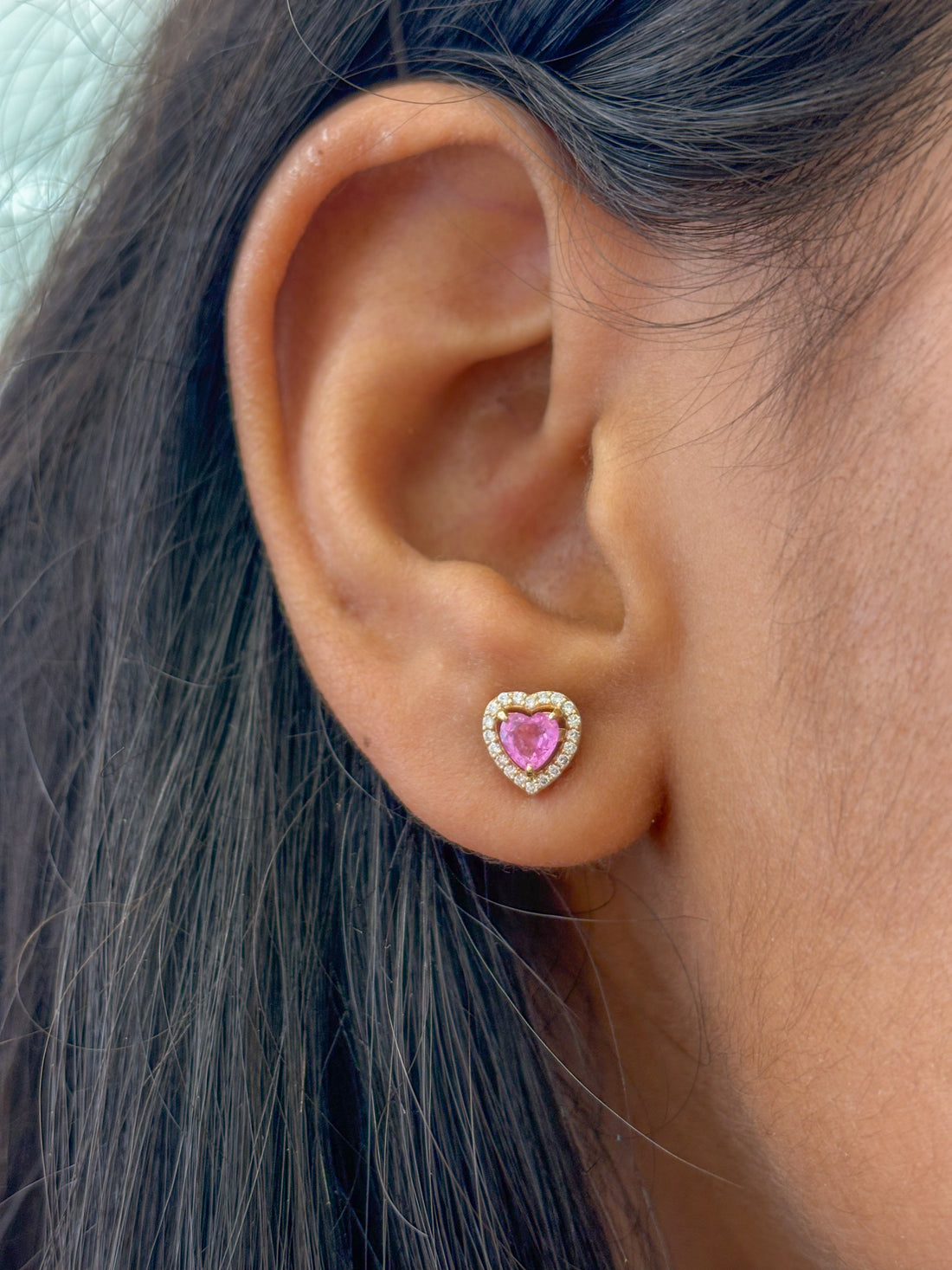 JPERG-1195/5409 Pink Sapphire Heart With Diamond Studs Earring | 14K
