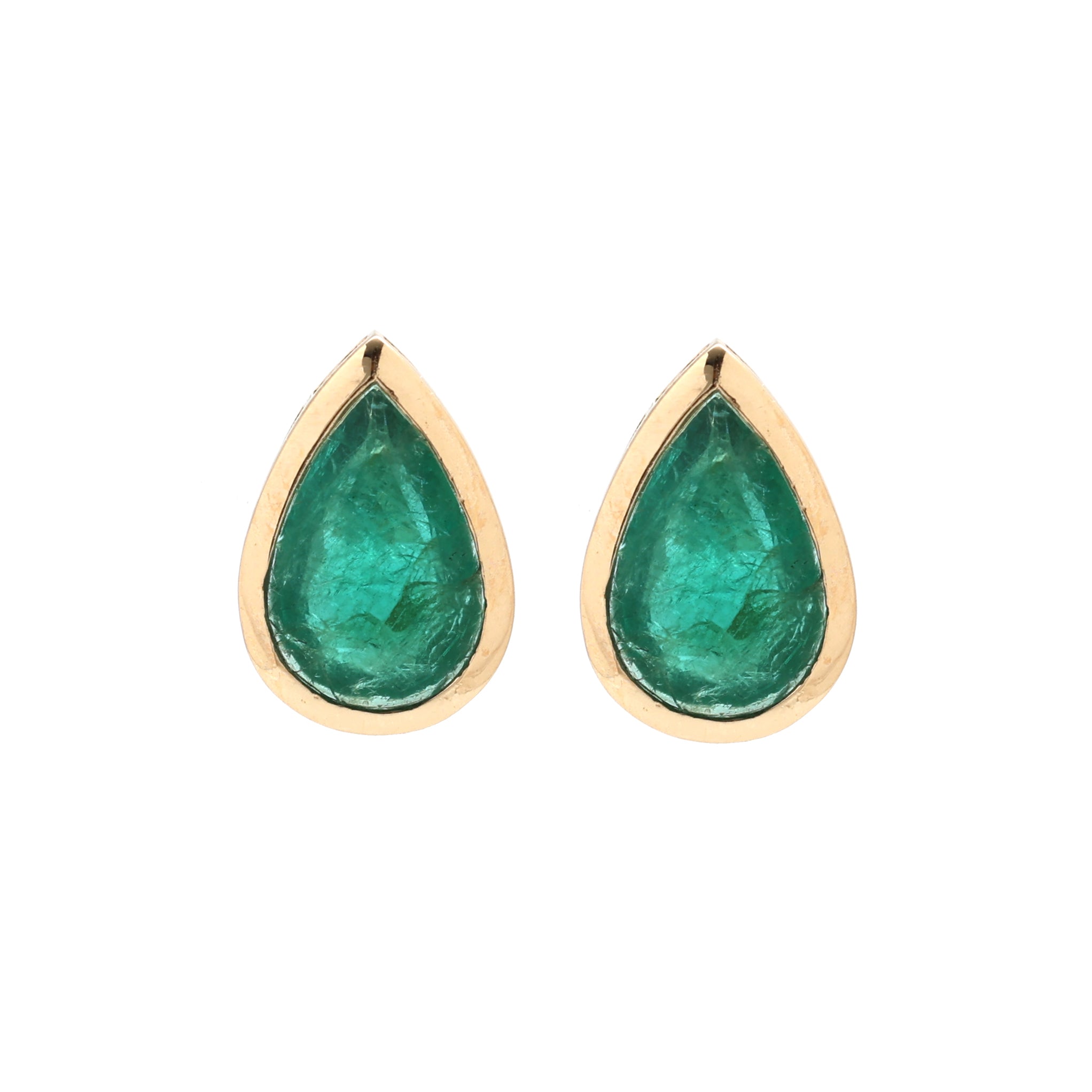 JPERG-1295/5590 Emerald Big Pear Bezel Studs Earring | 14K