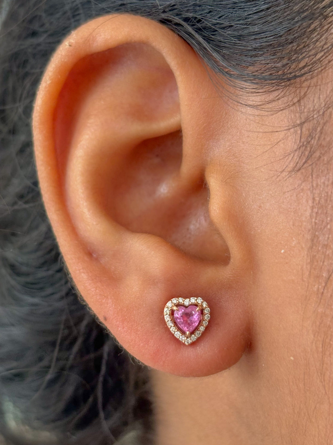 JPERG-1299/5594 Pink Sapphire Heart 4Mm With Diamond Studs Earring | 14K