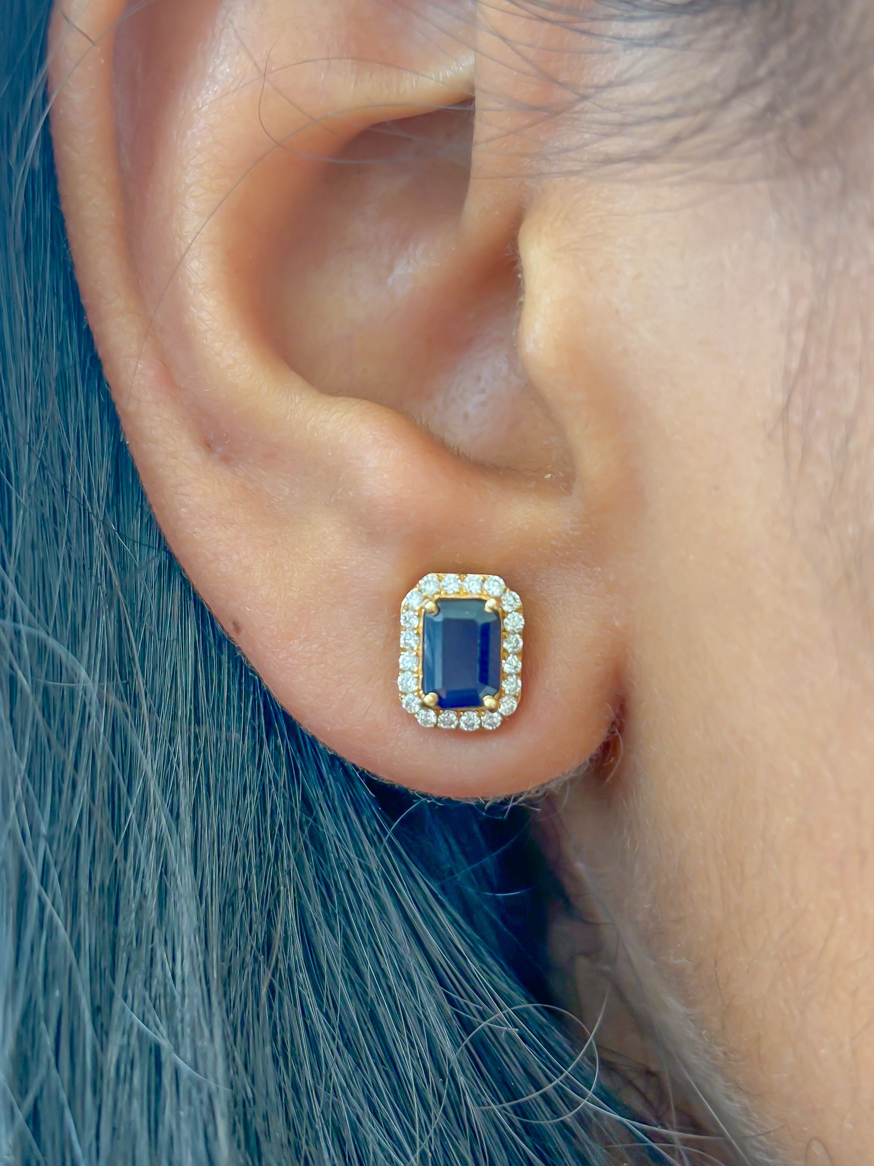 JPERG-1373/5735 Blue Sapphire Octagon 6X4 With Diamond Studs Earring | 14K