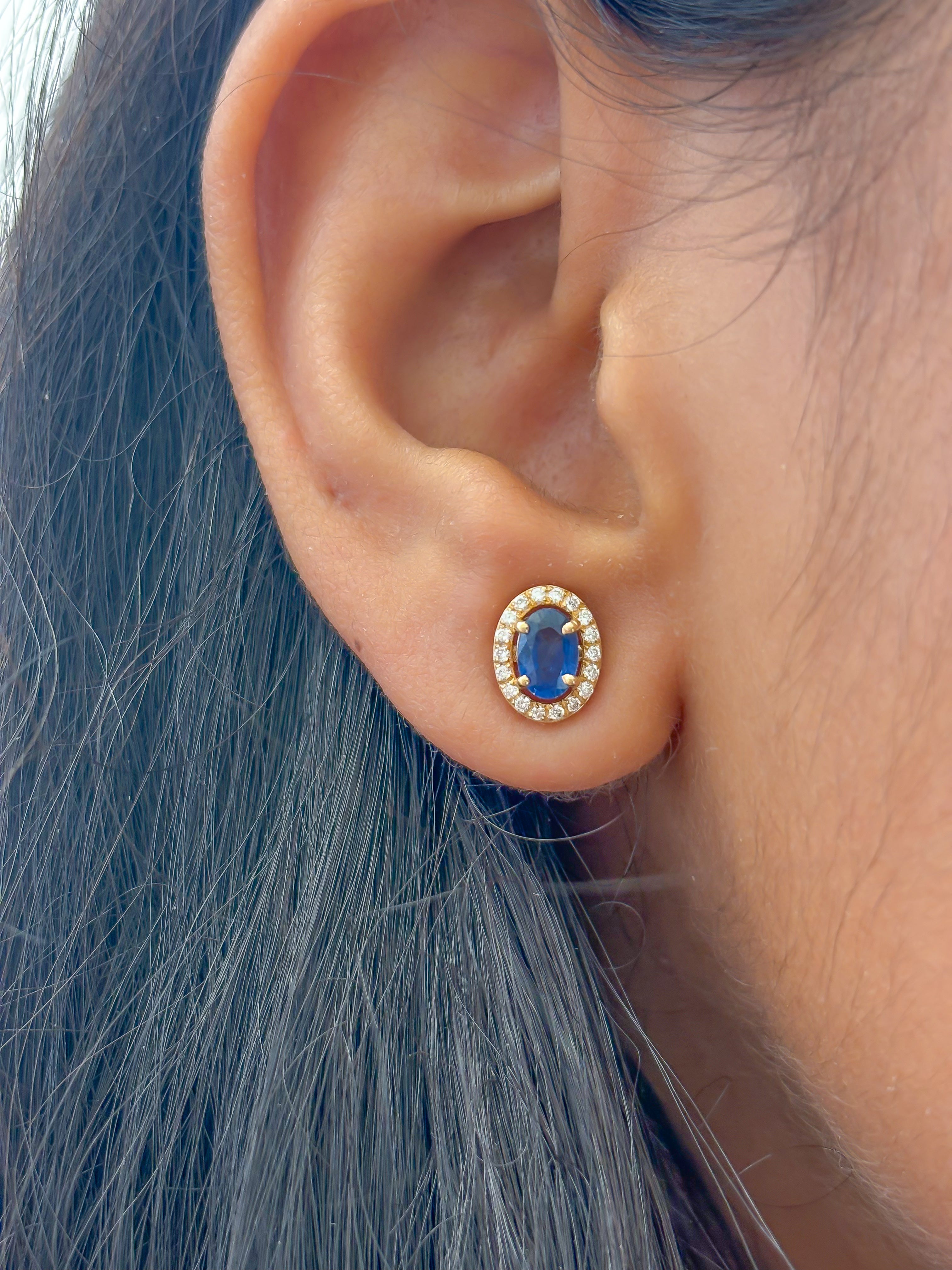 JPERG-1382/5758 Blue Sapphire Oval 6X4 With Diamond Studs Earring | 14K