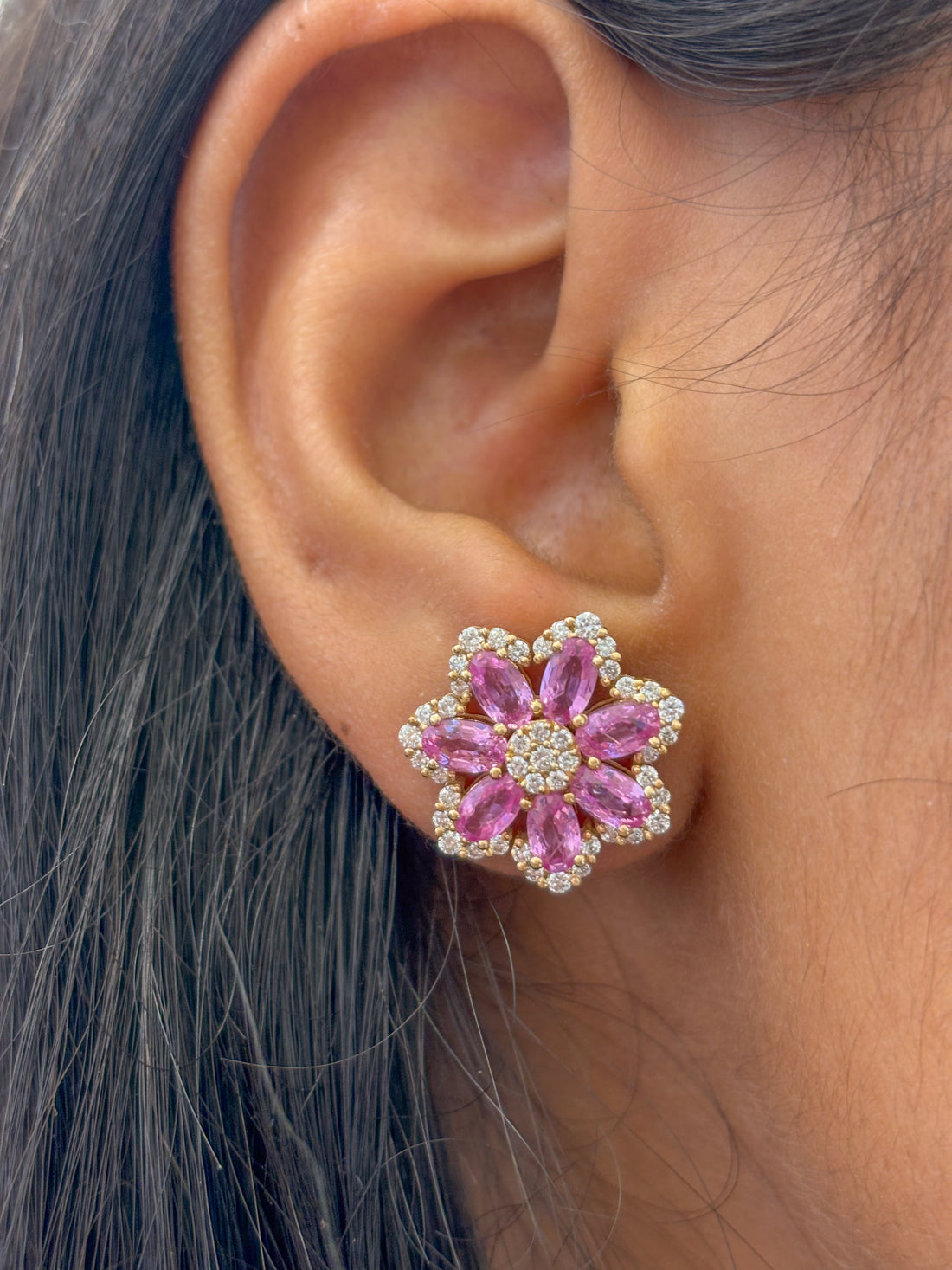 JPERG-1412/5809 Pink Sapphire Oval With Diamond Studs Earring | 14K