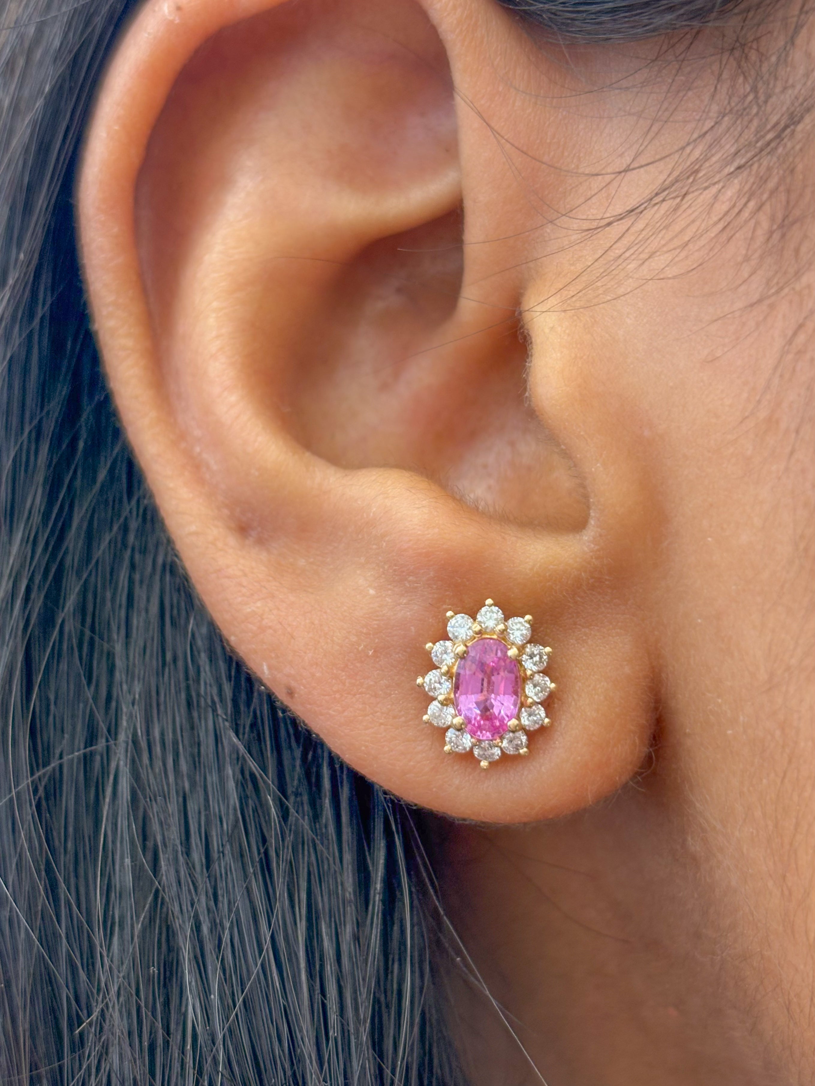 JPERG-1414/5830 Pink Sapphire Oval 7X5 With Diamond  Pink Sapphire Oval 6X4 With Diamond Studs Earring | 14K