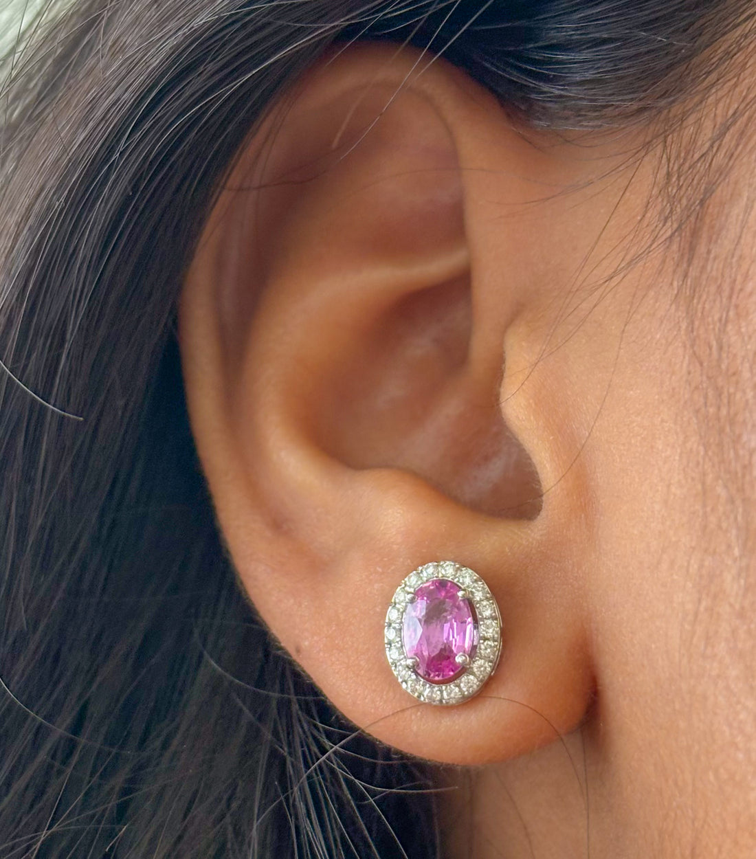 JPERG-1427/5843 Pink Sapphire Oval With Diamond Studs Earring | 18K