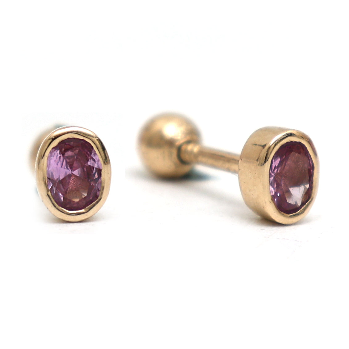 JPERG-1435/5851 Pink Sapphire Oval Bezel  Piercing Earring | 14K