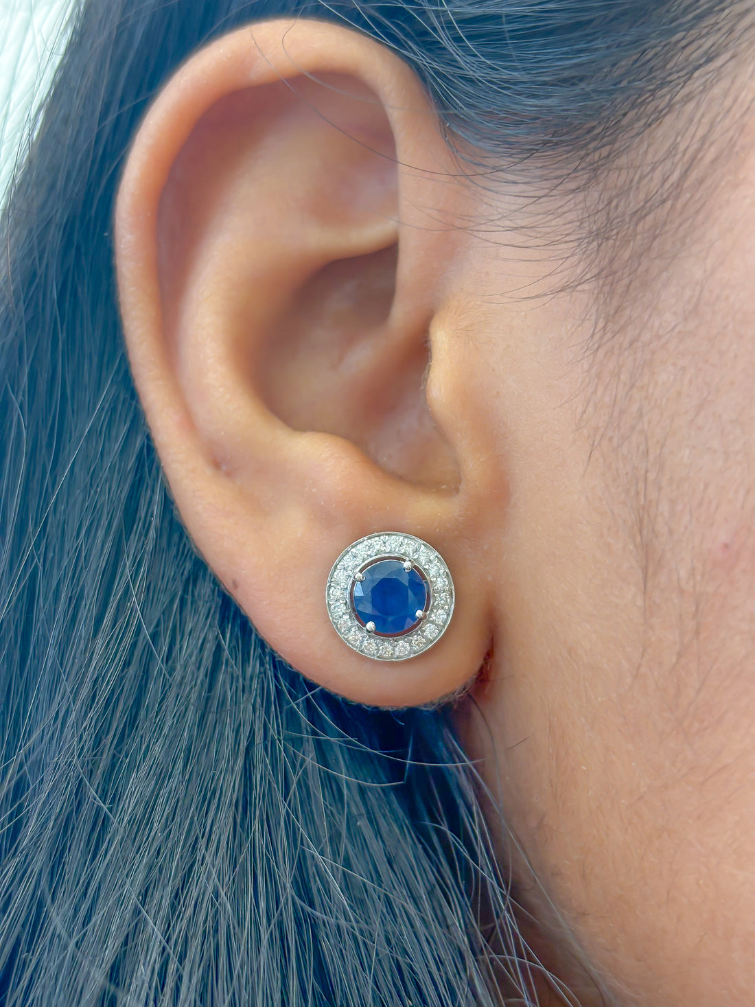 JPERG-1457/5889 Blue Sapphire Round With Diamond Studs Earring | 14K