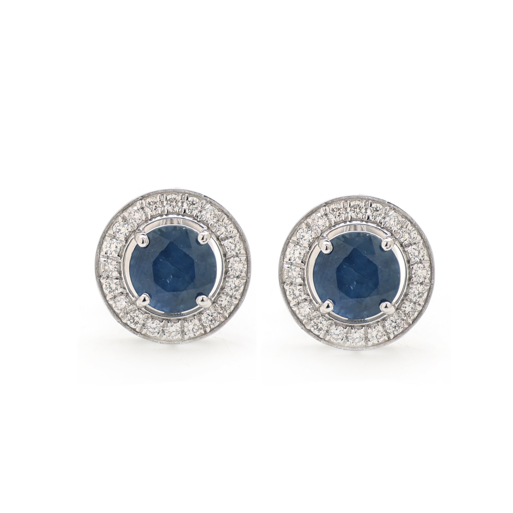 JPERG-1457/5889 Blue Sapphire Round With Diamond Studs Earring | 14K