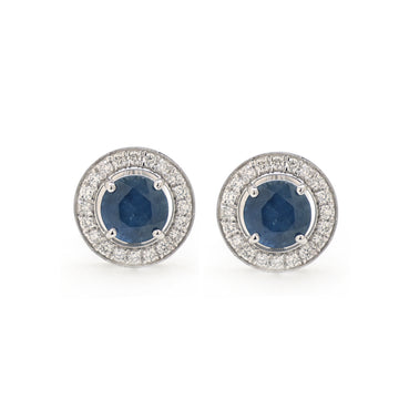 JPERG-1457/5889 Blue Sapphire Round With Diamond Studs Earring | 14K