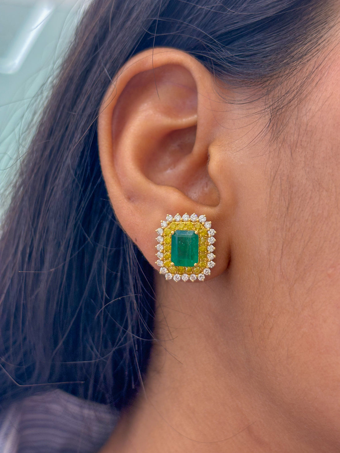 JPERG-1465/5910 Emerald Octagon 6X4 With Yellow Diamond Studs Earring | 18K
