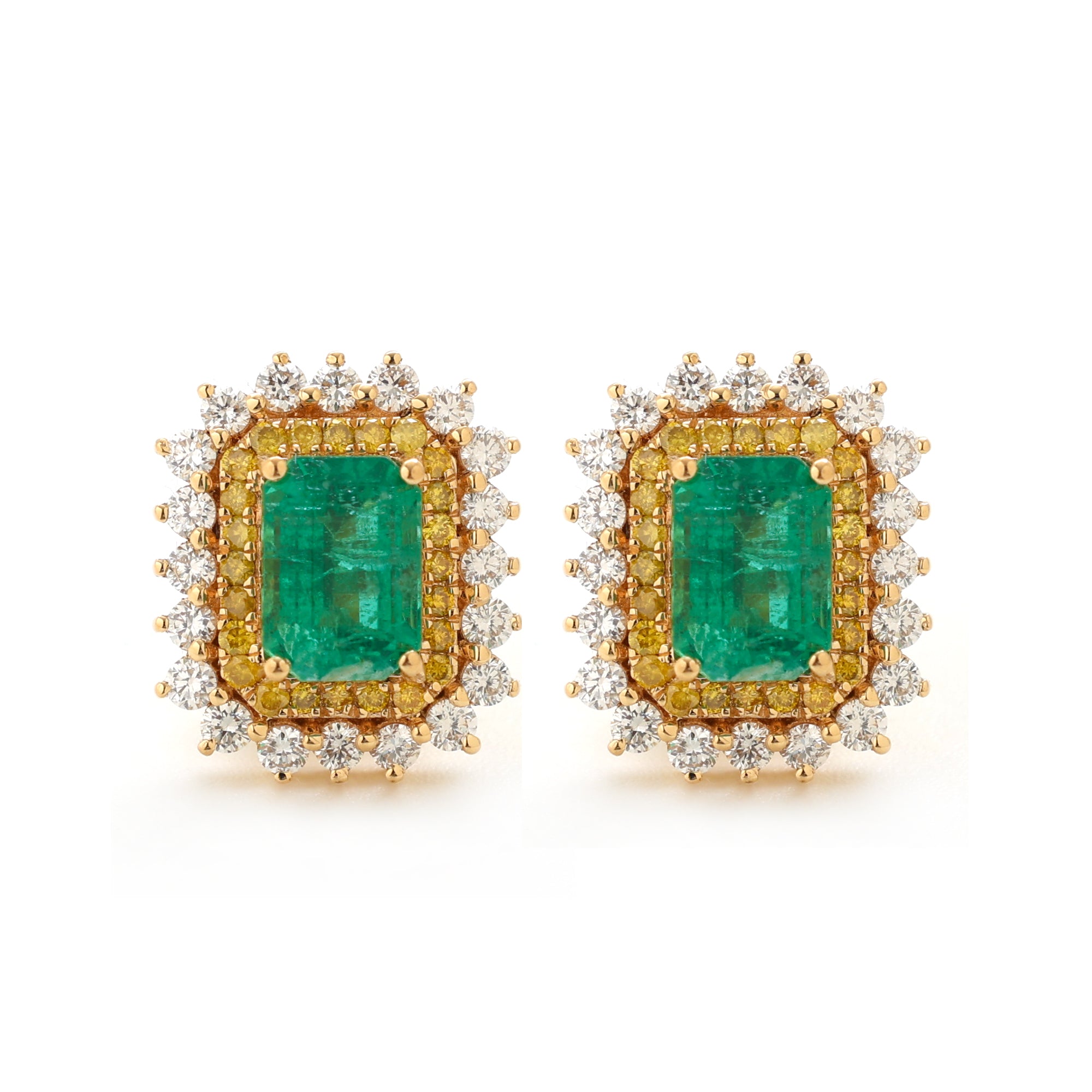 JPERG-1465/5910 Emerald Octagon 6X4 With Yellow Diamond Studs Earring | 18K