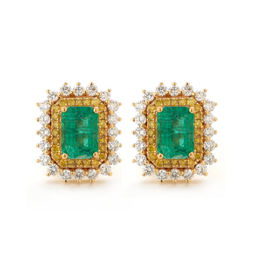 JPERG-1465/5910 Emerald Octagon 6X4 With Yellow Diamond Studs Earring | 18K