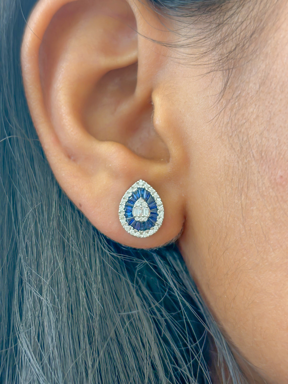 JPERG-1475/5944 Blue Sapphire Taper With Diamond Studs Earring | 18K