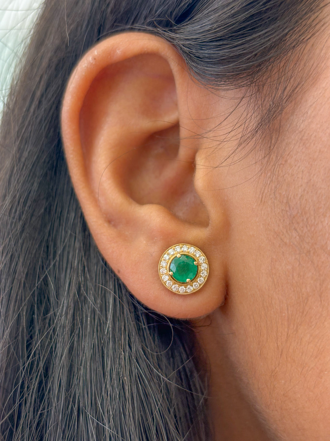 JPERG-1533/6119 Emerald  Round 5.50Mm With Diamond Studs Earring | 14K
