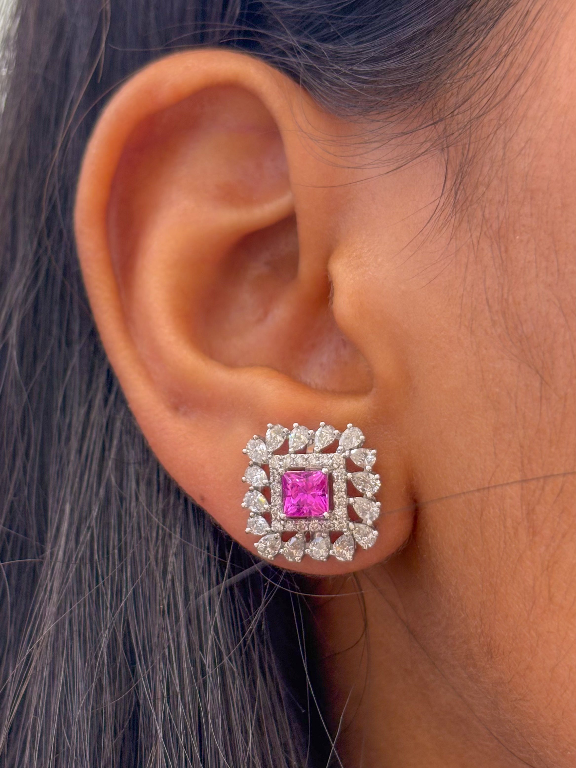 JPERG-1549/6208 Pink Sapphire Princess Cut With Diamond Pear Studs Earring | 18K