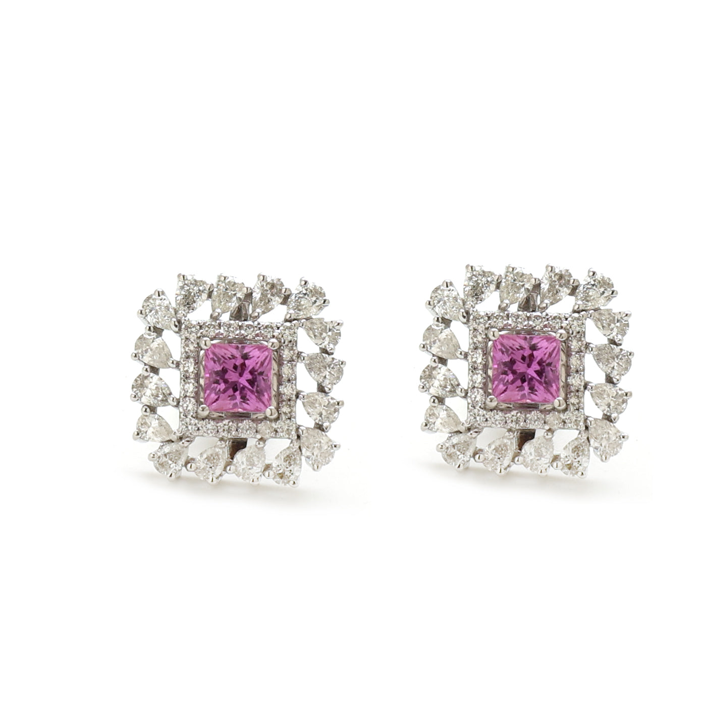 JPERG-1549/6208 Pink Sapphire Princess Cut With Diamond Pear Studs Earring | 18K