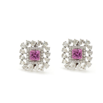 JPERG-1549/6208 Pink Sapphire Princess Cut With Diamond Pear Studs Earring | 18K