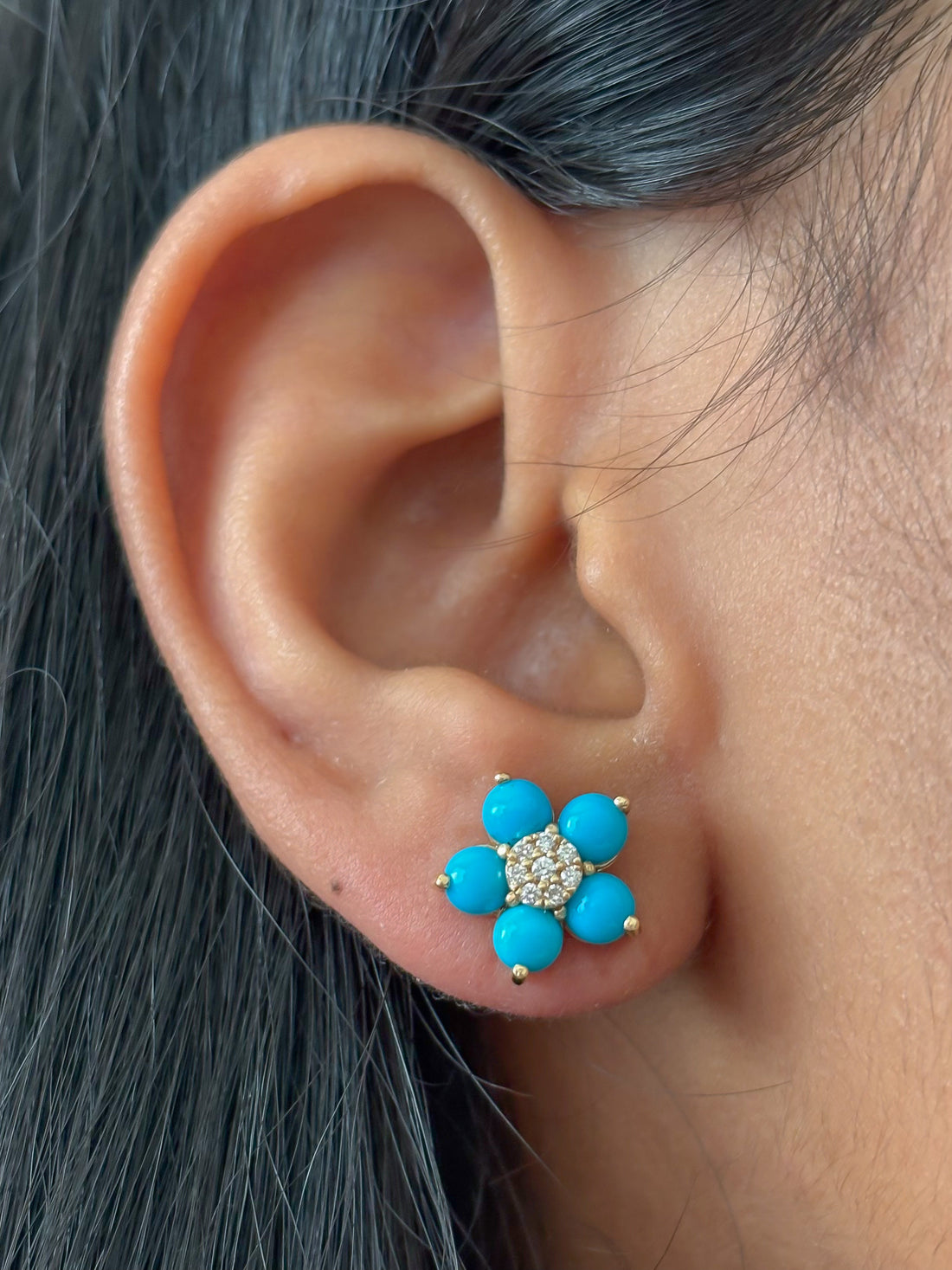 JPERG-1603/6419 Turquoise Round 3Mm With Diamond Studs Earring | 14K