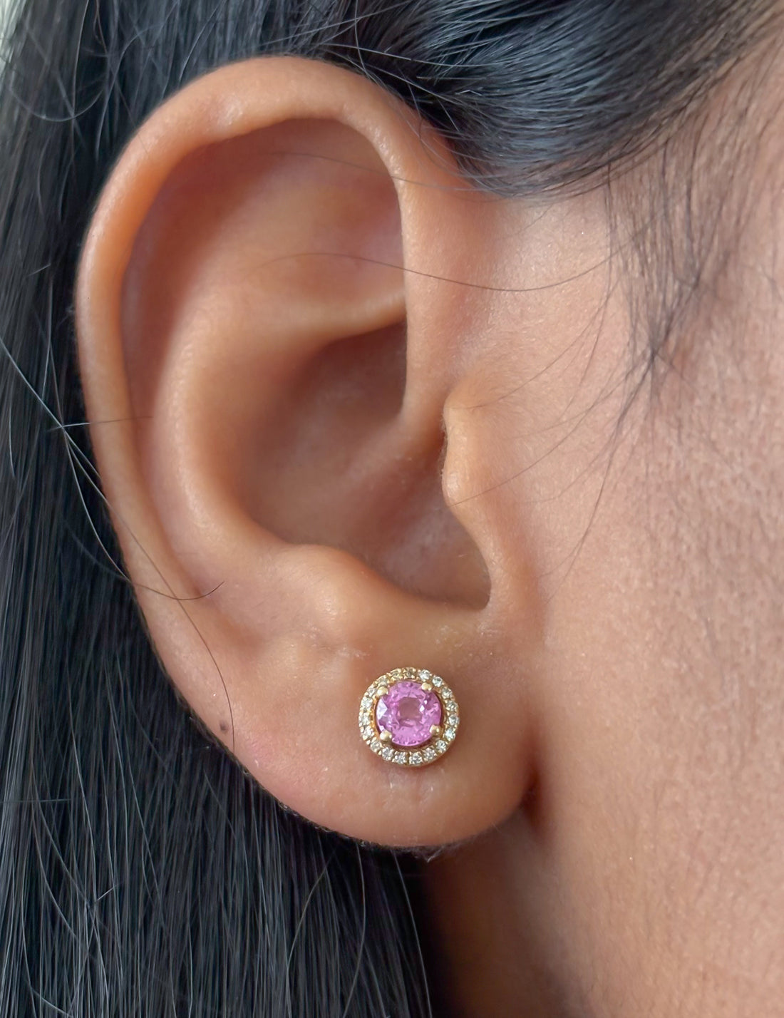 JPERG-1628/6492 Pink Sapphire Round With Diamond Studs Earring | 14K