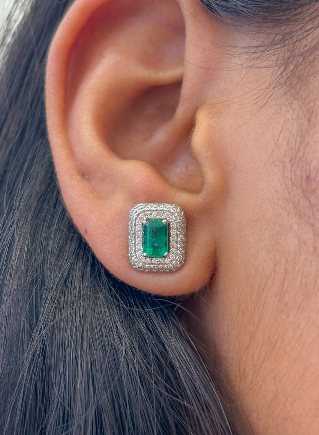 JPERG-1632/6509 Emerald Octagon With Diamond Studs Earring | 14K