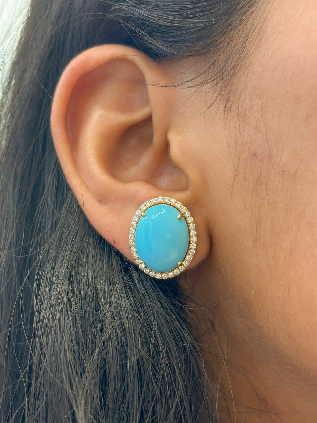JPERG-1643/6523 Turquoise Oval With Diamond Studs Earring | 18K
