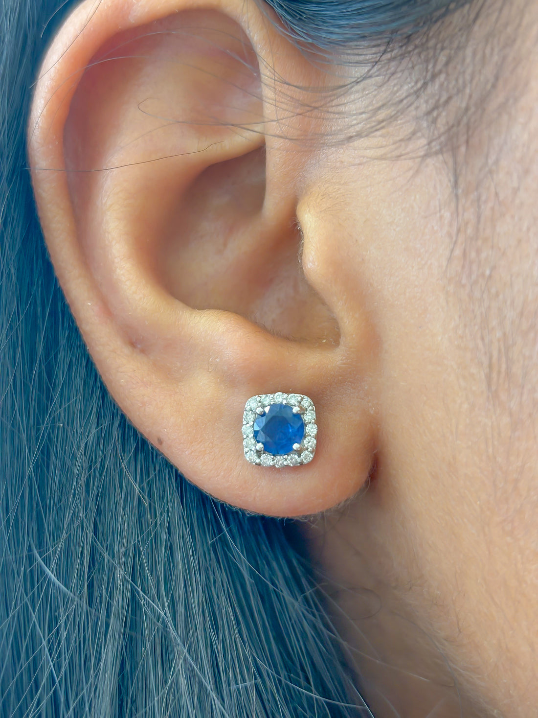 JPERG-1686/6586 Blue Sapphire Cushion With Diamond Studs Earring | 14K