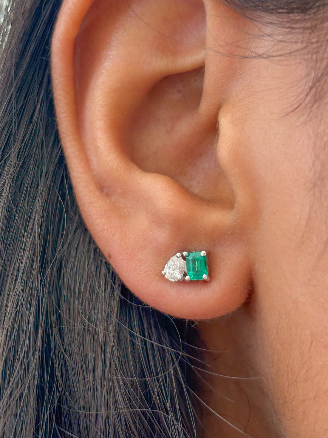 JPERG-1707/6617 Diamond Pear With Emerald Octagon Studs  Earring | 18K