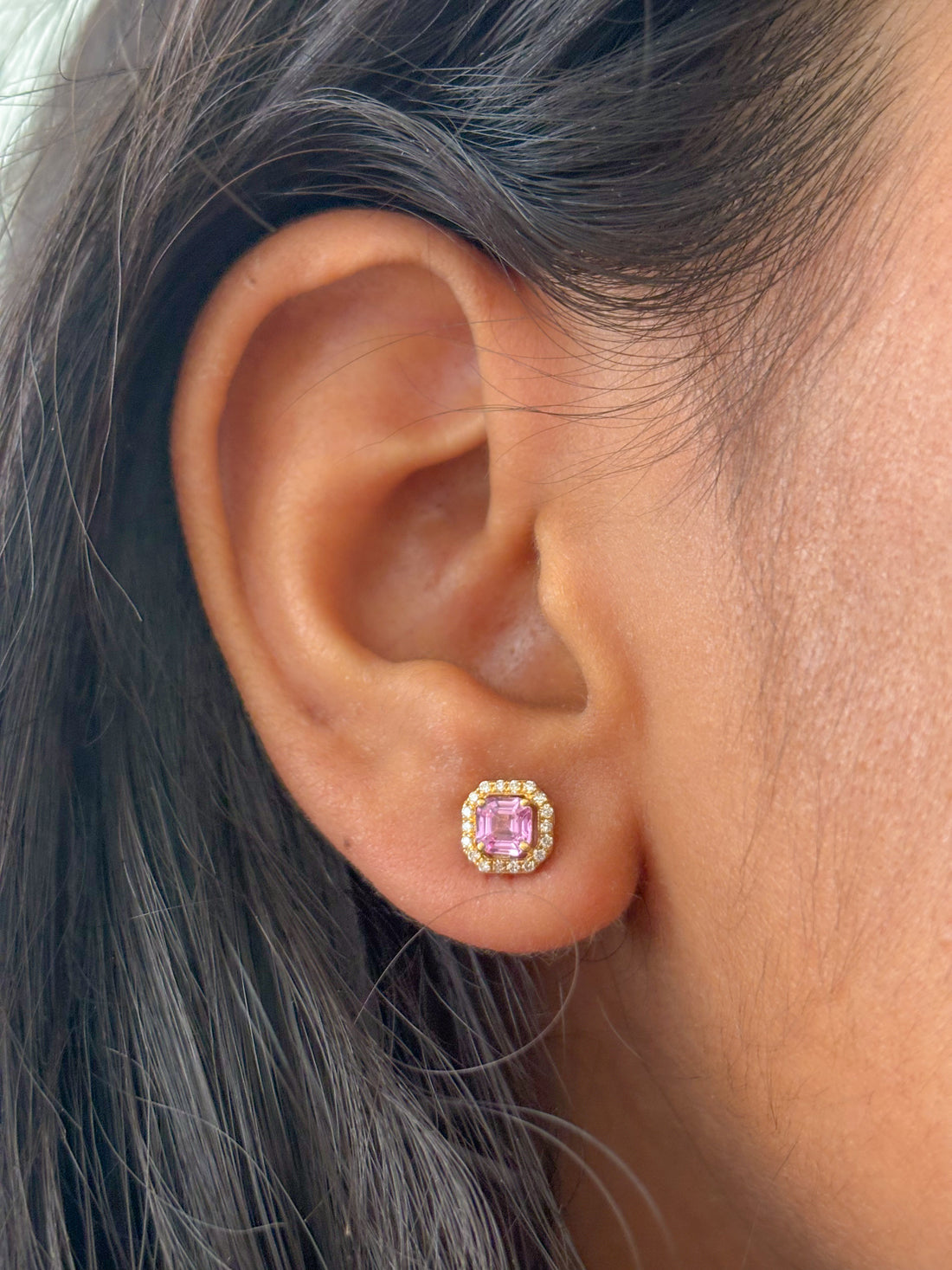 JPERG-1731/6689 Pink Sapphire Square Octagon 4Mm With Diamond Studs Earring | 18K
