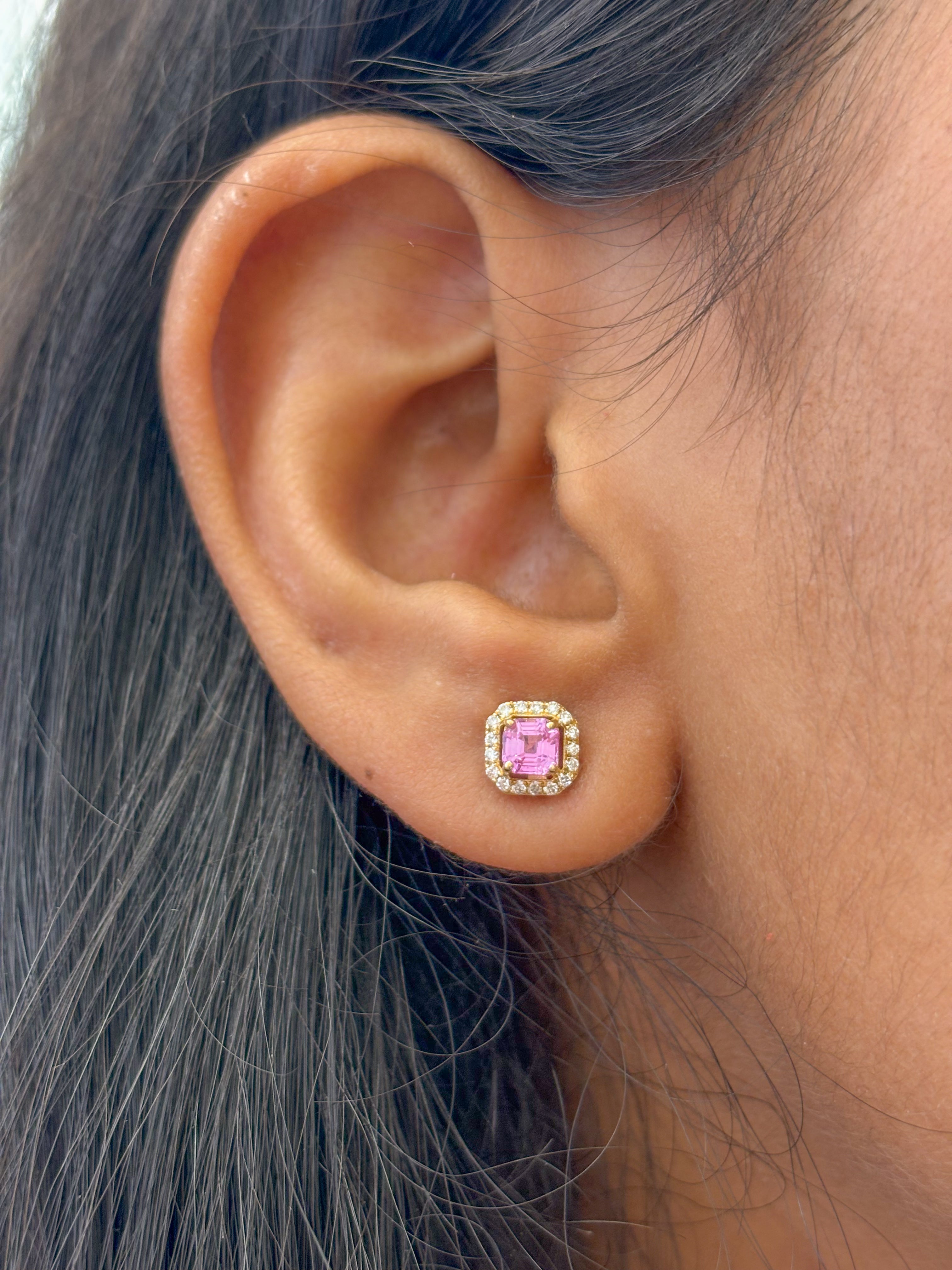 JPERG-1734/6692 Pink Sapphire Square Octagon 4Mm With Diamond Studs Earring | 18K