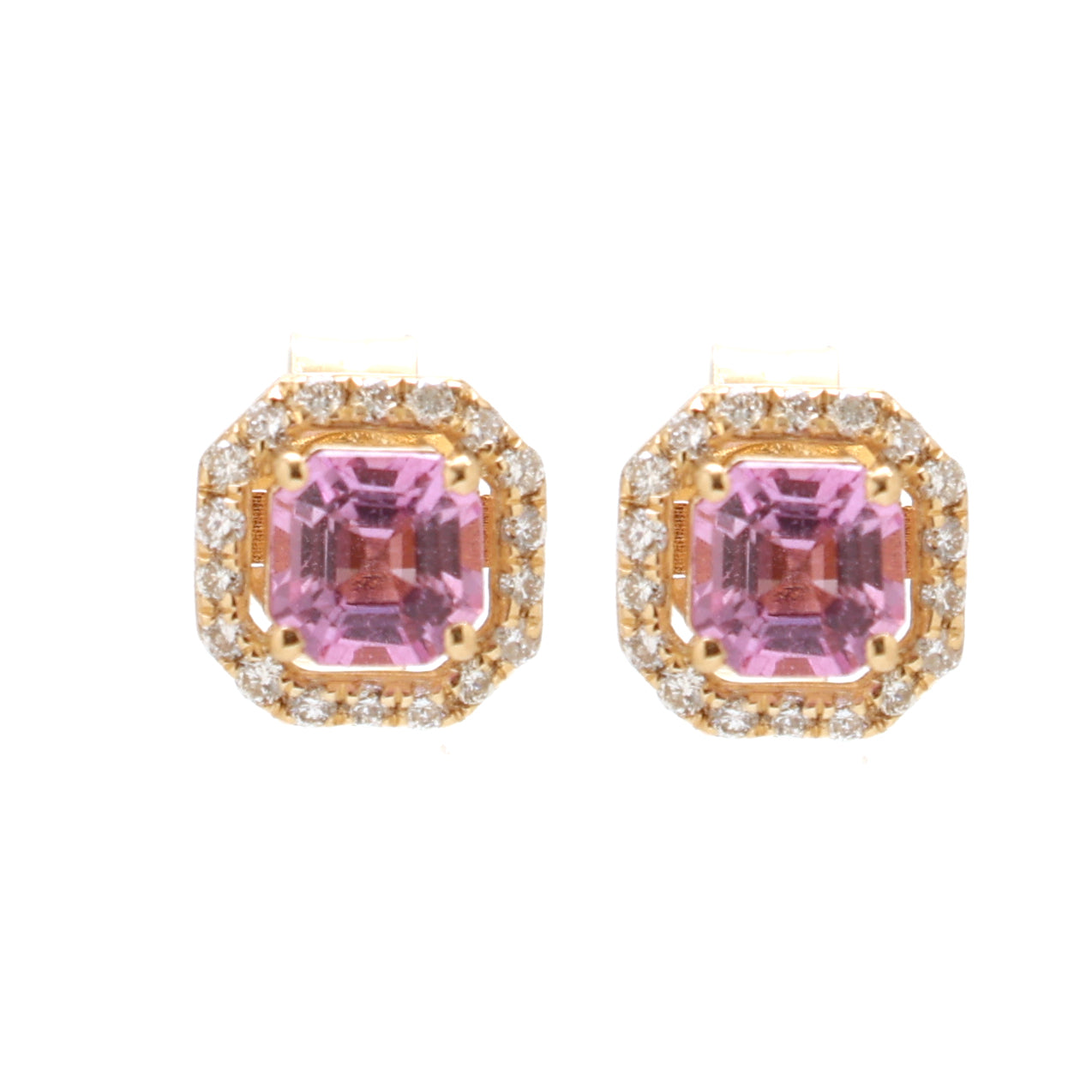 JPERG-1734/6692 Pink Sapphire Square Octagon 4Mm With Diamond Studs Earring | 18K