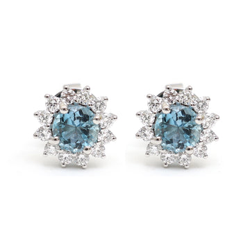 JPERG-1866/7003 Aquamarine Round With Diamond Studs Earring | 18K