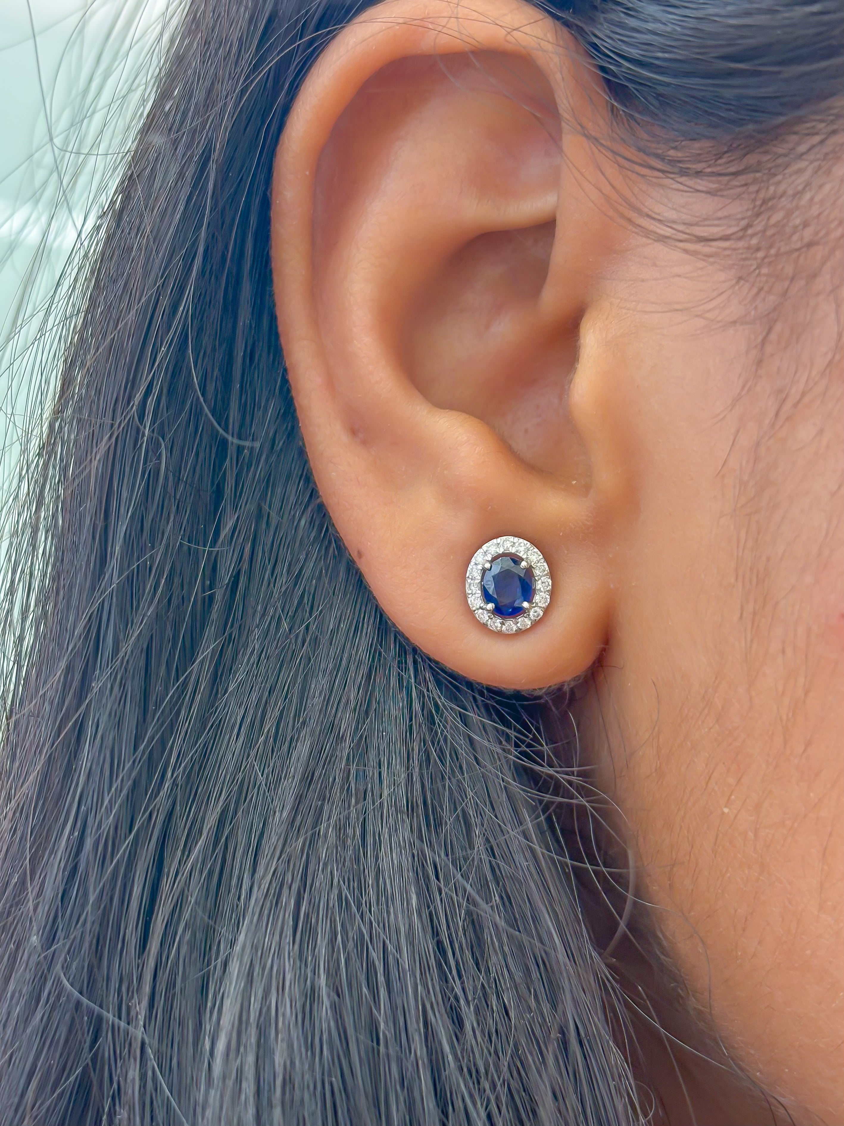 JPERG-1880/7046 Blue Sapphire Oval With Diamond Studs Earring | 18K